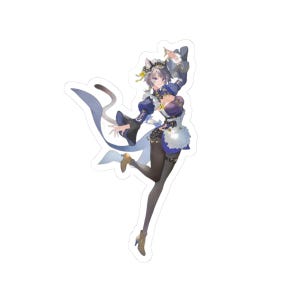 May include: A die-cut sticker featuring an anime-style character with cat ears, short grey hair, and a blue and white outfit with a ruffled apron. The character wears black tights, gold-toned shoes, and has a long tail, depicted in a dynamic pose.