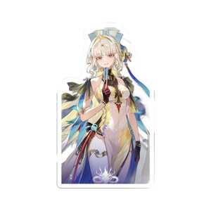 May include: A die-cut sticker featuring an anime-style character with long blonde hair, wearing a white and gold dress with blue accents. The character holds a small blue fan, wears dark gloves, and has intricate gold and blue hair accessories.