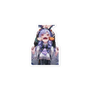 May include: A sticker featuring an anime-style illustration of two characters. One character has purple hair and is being held by another character. The character being held has their mouth open with a small object inside.