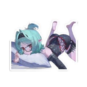 May include: A sticker featuring an anime-style character with short mint-green hair and red eyes wearing black-rimmed glasses. The character lies on a white pillow, dressed in a black corset with red lacing, black arm sleeves, and spiked leg bands.