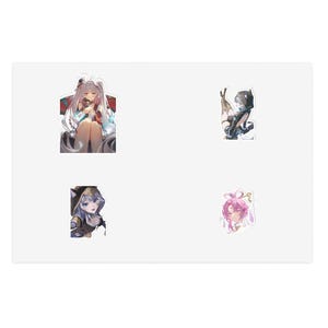 May include: A sticker sheet featuring four distinct anime-style character illustrations. The top left shows a character with long white hair, the top right a character in a dark outfit, the bottom left a hooded character, and the bottom right a pink-haired character.