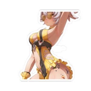 May include: A die-cut sticker featuring an anime-style character with short white hair and yellow-tinted glasses, wearing a yellow and black swimsuit with ruffled edges, side lacing, and small decorative icons printed on the hip area.