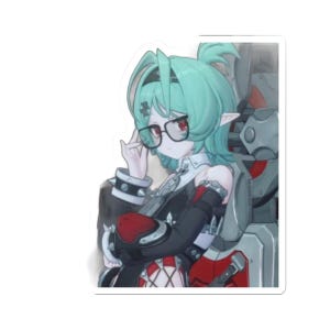 May include: A die-cut sticker featuring an anime-style character with mint green hair, pointed ears, and black-rimmed glasses. The character wears a black and red outfit with spiked cuffs and sits in front of a large, mechanical gray and red structure.