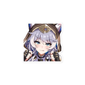 May include: A square sticker featuring an anime-style character with light blue hair and blue eyes. The character is wearing a brown hooded outfit with cat ears and a gold headpiece. The character is smiling and biting their lip.