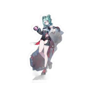 May include: An acrylic standee featuring an anime-style character with short mint-green hair and red glasses. The character wears a black and white outfit with red accents, holds a small spherical object, and leans against a large, dark mechanical weapon.