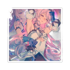 May include: A sticker featuring an anime-style illustration of two characters with long pink hair. One character wears a white dress with a bow and blue gloves, with their wrists bound by a metal chain. The other character stands behind them.