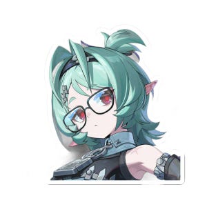 May include: A die-cut sticker featuring an anime-style character with short, layered teal hair, pointed ears, and red eyes. The character wears black-rimmed glasses and a dark blue outfit with metallic accents, presented against a plain white background.