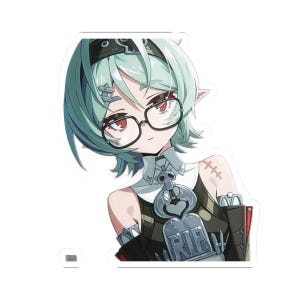 May include: A die-cut sticker featuring an anime-style character with short mint-green hair, pointed ears, and red eyes wearing black-rimmed glasses. The character wears a black outfit with a prominent gray tombstone-shaped accessory marked RIP.