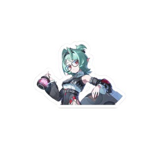 May include: A die-cut sticker featuring an anime-style character with short mint-green hair, wearing black-rimmed glasses, a dark sleeveless top with silver accents, and a collar. The character holds a small, round, glowing purple device.