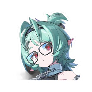 May include: A die-cut sticker featuring an anime-style character with short, layered mint-green hair, pointed ears, and red eyes. The character wears black-rimmed glasses and a dark-colored collar with metallic accents, set against a white background.