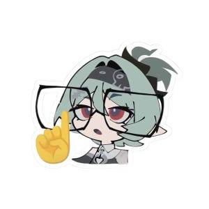 May include: A sticker featuring a cartoon character with light green hair, red eyes, and a black headband with a skull icon. The character wears large black-rimmed glasses and holds up a yellow index finger in a gesture, set against a white background.