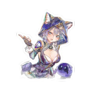 May include: A die-cut sticker featuring an anime-style character with short light hair and cat ears, wearing a dark blue hooded outfit with gold accents. The character is pointing upwards, and a small, round, purple creature sits beside them.