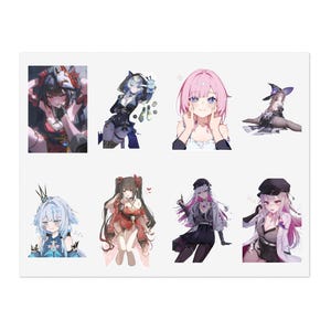 Puede incluir: Una hoja de pegatinas con ocho ilustraciones distintas de personajes estilo anime. Los diseños incluyen varias figuras con diversos colores de cabello, atuendos y poses, que van desde un personaje con sombrero de bruja hasta otros con ropa colorida.