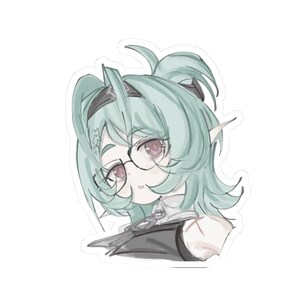 May include: A die-cut sticker featuring a digital illustration of a character with mint green hair, pointed ears, and round glasses. The character has a neutral expression, wears a dark top, and is rendered in a sketch-like art style with soft lines.
