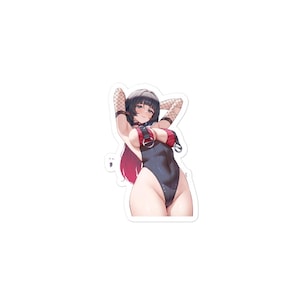 May include: A die-cut sticker featuring an anime-style character with dark hair and red highlights. The character wears a black high-cut bodysuit with red striped accents, silver ring details on the chest, and black fishnet sleeves on the arms.