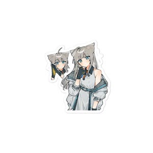 May include: A die-cut sticker featuring an anime-style character with grey hair and cat ears, wearing a white sleeveless top and a grey jacket draped off the shoulders. A smaller version of the character's head and hand is positioned to the left.