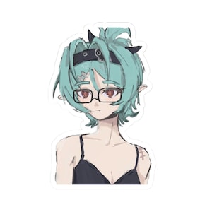 May include: A die-cut sticker featuring an anime-style character with short, messy mint-green hair, pointed ears, and red eyes. The character wears black-rimmed glasses, a black headband with a small skull detail, and a black spaghetti strap top.