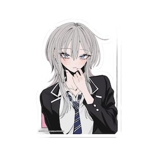 May include: A die-cut sticker featuring an anime-style character with shoulder-length silver hair, blue eyes, and a light blush on the cheeks. The character wears a black blazer over a white collared shirt with a dark blue and white striped necktie.