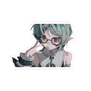 May include: A die-cut sticker featuring an anime-style character with short, light green hair, pointed ears, and red eyes. The character wears black-rimmed glasses, a light-colored collared top with a dark pendant, and a black spiked wrist cuff.