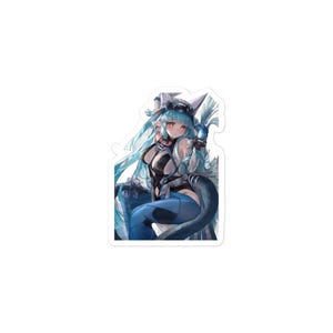 May include: A die-cut sticker featuring an anime-style character with long light blue hair, pointed ears, and red eyes. The character wears a black and white bodysuit with blue accents, a dark headpiece, and has a long, dark, curved tail.