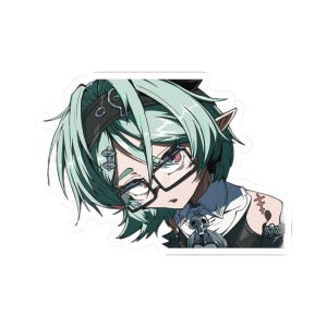 May include: A die-cut sticker featuring an anime-style character with short mint-green hair, pointed ears, and black-rimmed glasses. The character wears a black headband, a dark collar with a skull pendant, and has a red stitch-like mark on the shoulder.