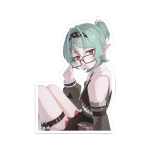 May include: A die-cut sticker featuring an anime-style character with short mint-green hair, pointed ears, and red eyes. The character wears black-rimmed glasses, a black sleeveless top with white stitching, a spiked choker, and arm warmers.