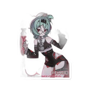 May include: An acrylic standee featuring an anime-style character with mint green hair, red eyes, and glasses. The character wears a black outfit with red accents, a heart-shaped pendant, and a belt. Text in Japanese is printed on the base and side.