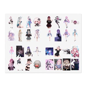 May include: A sticker sheet featuring a collection of various anime-style character illustrations. The designs include diverse figures in different poses, outfits, and color palettes, ranging from chibi-style characters to detailed portraits.