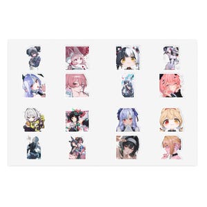 May include: A sticker sheet featuring sixteen distinct anime-style character illustrations. The designs include various figures with diverse hair colors, including pink, blue, blonde, and black, depicted in different poses and expressions.