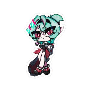 May include: A die-cut sticker featuring a stylized anime character with mint green hair, red eyes, and black-rimmed glasses. The character wears a black outfit with red accents, spiked wristbands, and sits atop a large, dark mechanical weapon.