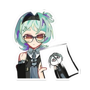 May include: A die-cut sticker featuring an anime-style character with mint green hair, wearing black-rimmed glasses and a dark outfit with heart-shaped details. The character holds a white paper displaying a simple, hand-drawn sketch of a figure.