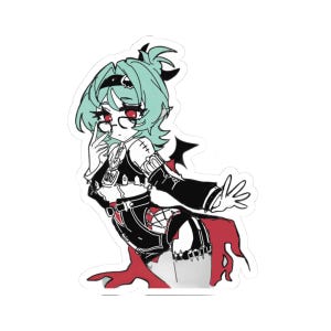 May include: A die-cut sticker featuring an anime-style character with mint green hair, red eyes, and round glasses. The character wears a black and red outfit with a heart-shaped pendant, black arm sleeves, and a red cape, set against a white background.