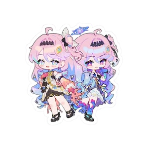May include: A die-cut sticker featuring two chibi-style characters with long, flowing pink and blue hair. Both figures wear intricate, layered outfits in shades of white, pink, and blue with gold accents, black bows, and dark footwear.