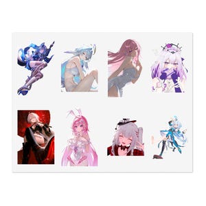 Puede incluir: Una hoja de pegatinas con ocho ilustraciones de personajes estilo anime. Los diseños incluyen figuras con colores de pelo variados como rosa, blanco y azul, vistiendo diversos atuendos que van desde vestidos hasta orejas de conejo y trajes de fantasía.