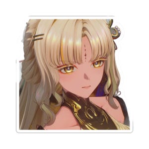 May include: A sticker featuring an anime-style character with long, wavy blonde hair, bright golden eyes, and a small red mark on the forehead. The character wears a black garment with intricate gold patterns and has a serious, focused expression.