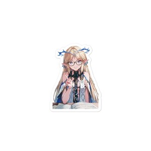 Puede incluir: Una pegatina con un personaje de estilo anime con pelo largo rubio, gafas y una diadema azul. El personaje lleva un atuendo detallado y señala un libro abierto. La pegatina tiene un borde blanco.