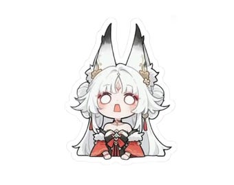 May include: A die-cut sticker featuring a chibi-style character with long white hair, large pointed ears with black tips, and a surprised expression. The character wears a red and black outfit with gold accents and has white hair styled in buns.