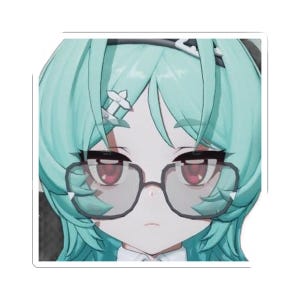 May include: A die-cut sticker featuring an anime-style character head with mint green hair, dark red eyes, and black-rimmed glasses. The character has a small white cross-shaped hair accessory on the right side and a neutral facial expression.