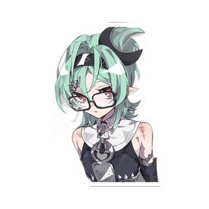 May include: A die-cut sticker featuring an anime-style character with mint green hair, pointed ears, and black-rimmed glasses. The character wears a black and white outfit with a skull-shaped pendant and a black headband with a crescent moon shape.