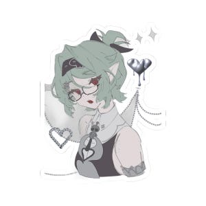 May include: A die-cut sticker featuring an anime-style character with short sage green hair, wearing glasses and a dark headband with a skull icon. The character has pointed ears, red eyes, and is adorned with silver chains, a heart charm, and a metallic heart.