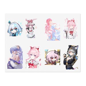 Puede incluir: Una hoja de pegatinas con ocho ilustraciones distintas de personajes estilo anime. Los diseños incluyen figuras chibi, personajes con cabello rosa y orejas de conejo, una figura con traje de sirvienta y una capucha de gato negra.