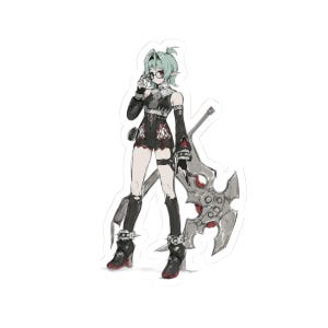 May include: A die-cut sticker featuring an anime-style character with short mint-green hair and glasses. The character wears a black outfit with red accents, tall black boots with spikes, and carries a large, ornate silver-colored metal axe weapon.