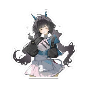 May include: A die-cut sticker featuring an anime-style character with long dark hair, blue horns, and a smiling expression. The character wears a blue and grey outfit with black gloves, making a finger heart gesture, surrounded by small heart icons.