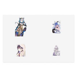 Puede incluir: Un conjunto de cuatro pegatinas de vinilo troqueladas con personajes de estilo anime. Arriba a la izquierda, un personaje con capucha azul, arriba a la derecha un personaje de pelo azul en blanco, abajo a la izquierda un personaje con velo y abajo a la derecha.