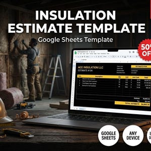 Puede incluir: Una computadora portátil muestra una plantilla de estimación de aislamiento de ACE INSULATION LLC. La pantalla muestra una hoja de cálculo con costos detallados. La imagen incluye un casco, una cinta métrica y el texto "INSULATION ESTIMATE TEMPLATE". Una insignia de 50% de descuento es visible.
