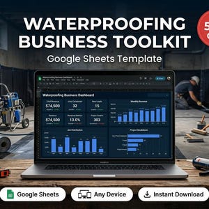 Puede incluir: Una computadora portátil muestra una plantilla de panel de control de negocios de impermeabilización. La imagen incluye el texto "WATERPROOFING BUSINESS TOOLKIT" y "Google Sheets Template". Un círculo rojo indica un 50% de descuento. También se ven herramientas de construcción y un trabajador.