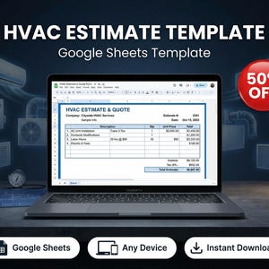 Può includere: Un laptop mostra un modello di preventivo HVAC in Google Sheets. Lo schermo mostra un modulo di preventivo con dettagli come l'installazione dell'unità AC, le modifiche ai condotti e le ore di lavoro. Un cerchio rosso indica uno sconto del 50%.