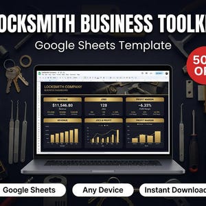May include: A laptop screen showing a Google Sheets template for a locksmith business dashboard, displaying financial data. The image includes keys, locks, and tools. Text reads "LOCKSMITH BUSINESS TOOLKIT" and "50% OFF". The template is designed for use on any device.