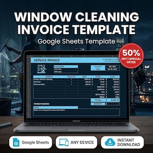 Könnte beinhalten: Ein Laptop zeigt eine Vorlage für eine Fensterreinigungsrechnung. Der Bildschirm zeigt eine Service-Rechnung mit Feldern für Kundendetails, Leistungen, Menge, Preise und Summen. Der Text "WINDOW CLEANING INVOICE TEMPLATE" ist sichtbar.