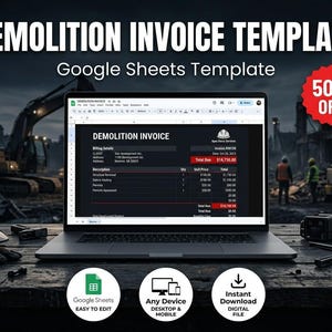 Puede incluir: Una laptop muestra una "DEMOLITION INVOICE TEMPLATE" en Google Sheets. La pantalla muestra una factura con detalles de facturación y un total adeudado de 14.750,00 €. Un círculo rojo "50% OFF" está en la esquina superior derecha. Iconos para edición fácil, compatibilidad y descarga instantánea.
